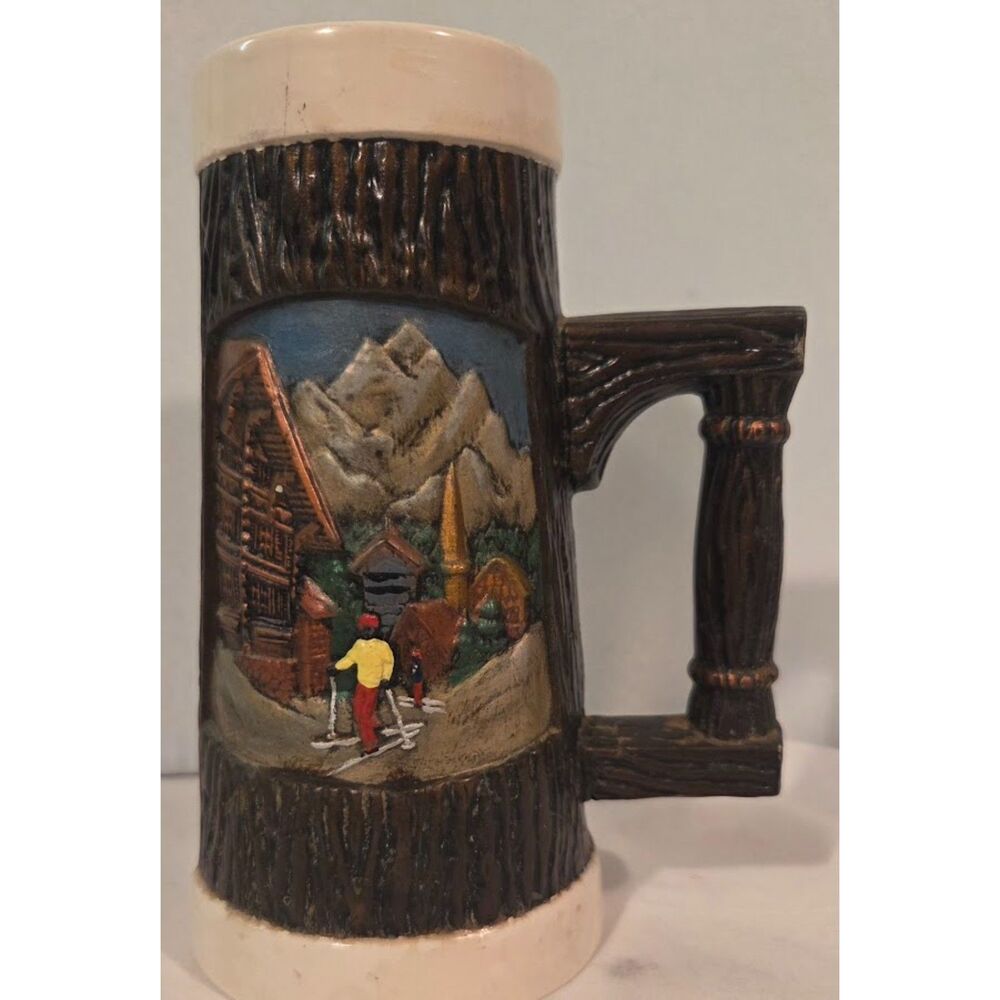 Vintage Alpine Ski Scene Beer Stein Log Cabin Mountain Mug